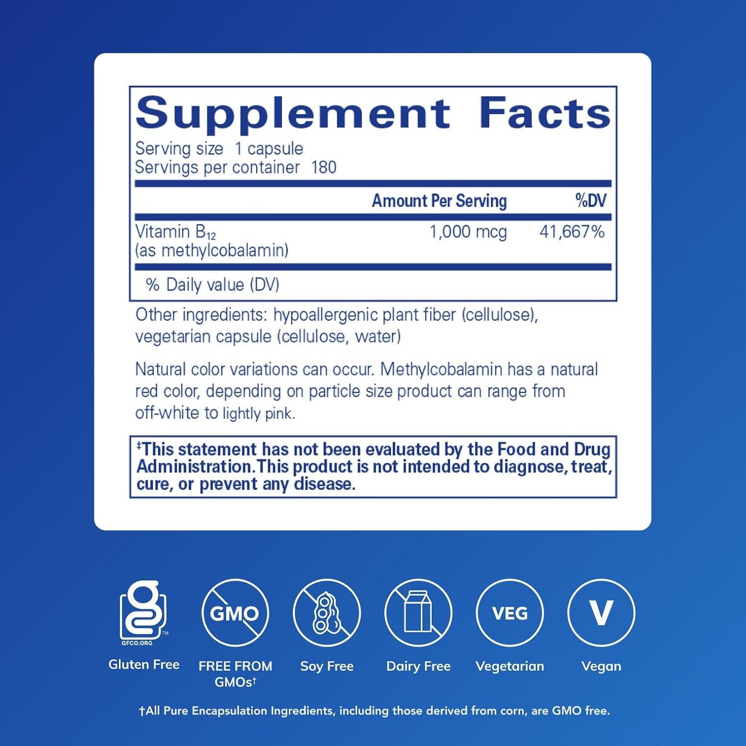 image:imagePure Encapsulations Methylcobalamin 1000 mcg Vitamin B12 Supplement to Support Memory amp Nerve Health Premium Vitamin B12 Capsules 180 CapsulesUnflavored