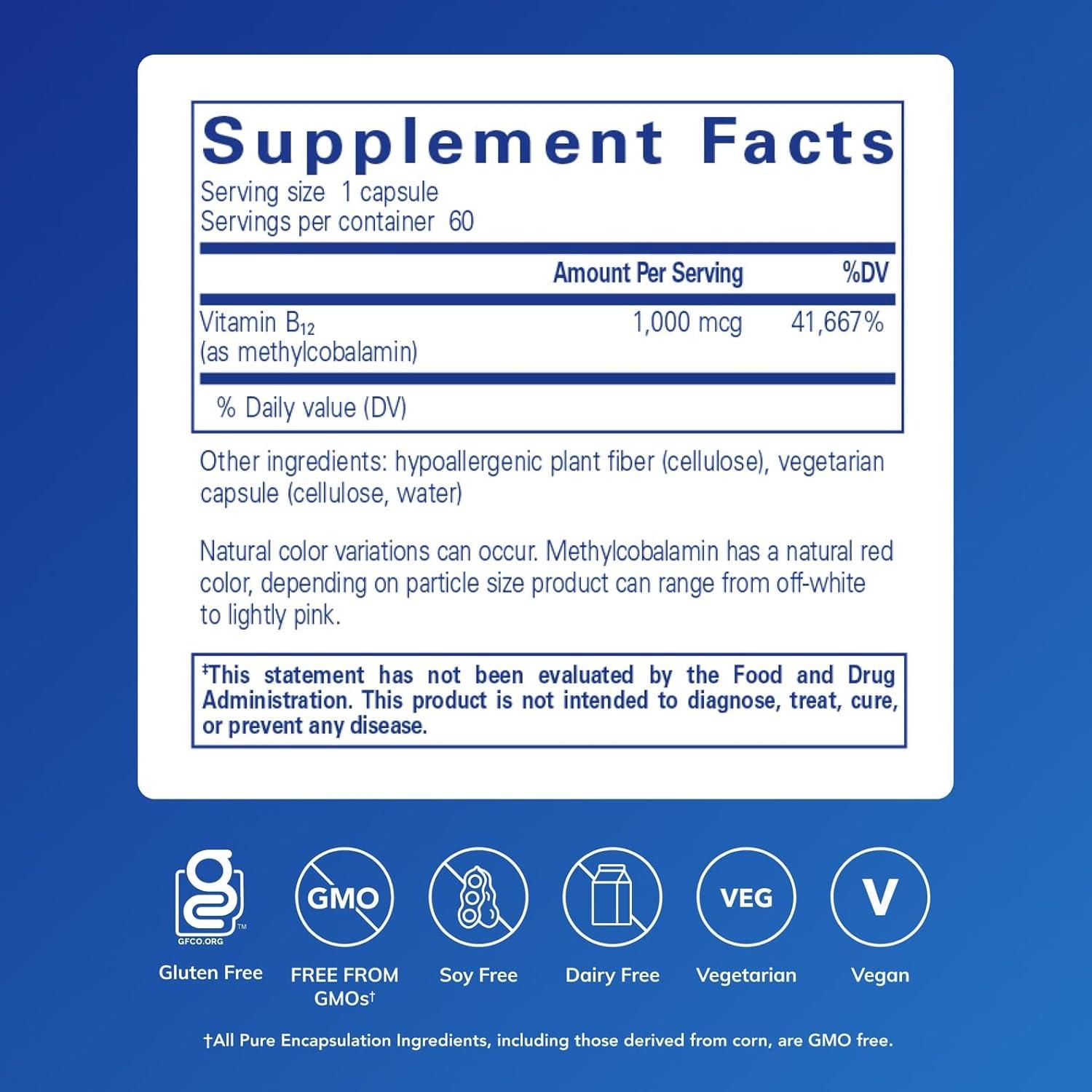 image:imagePure Encapsulations Methylcobalamin 1000 mcg Vitamin B12 Supplement to Support Memory amp Nerve Health Premium Vitamin B12 Capsules 180 CapsulesUnflavored