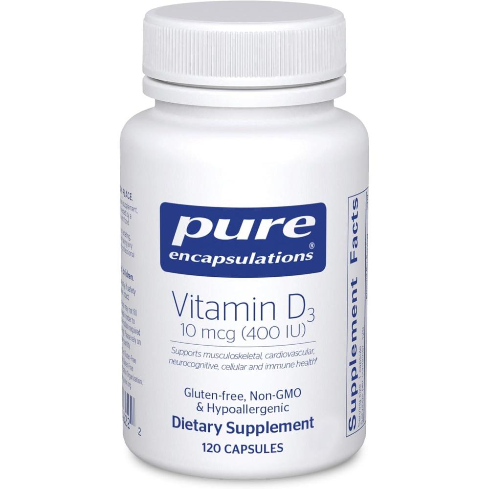 image:imagePure Encapsulations Vitamin D3 10 mcg 400 IU Hypoallergenic Support for Bone Breast Cardiovascular Colon and Immune Health 120 Capsules
