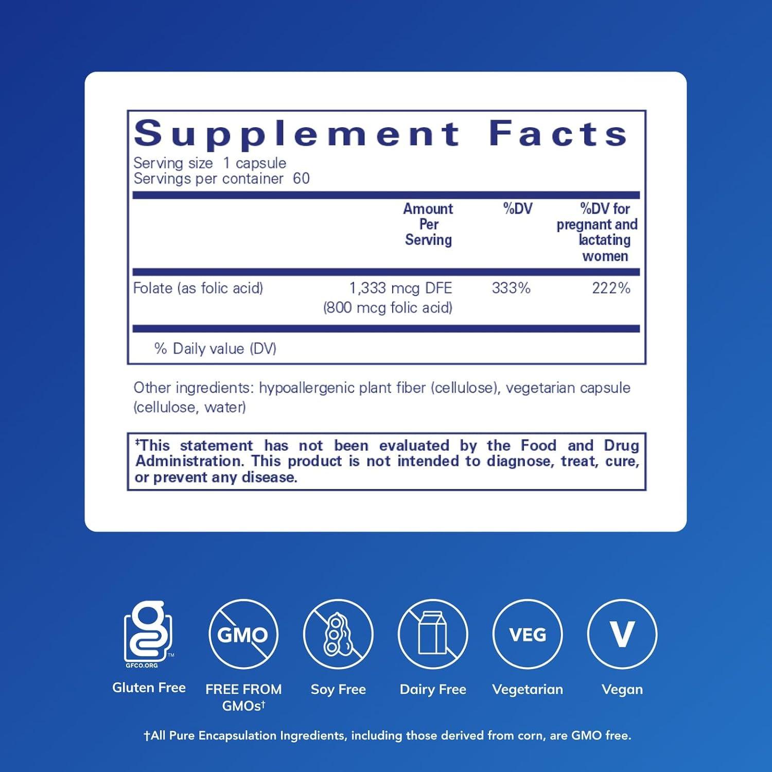 image:imagePure Encapsulations Folic Acid Hypoallergenic Dietary Supplement 60 Capsules