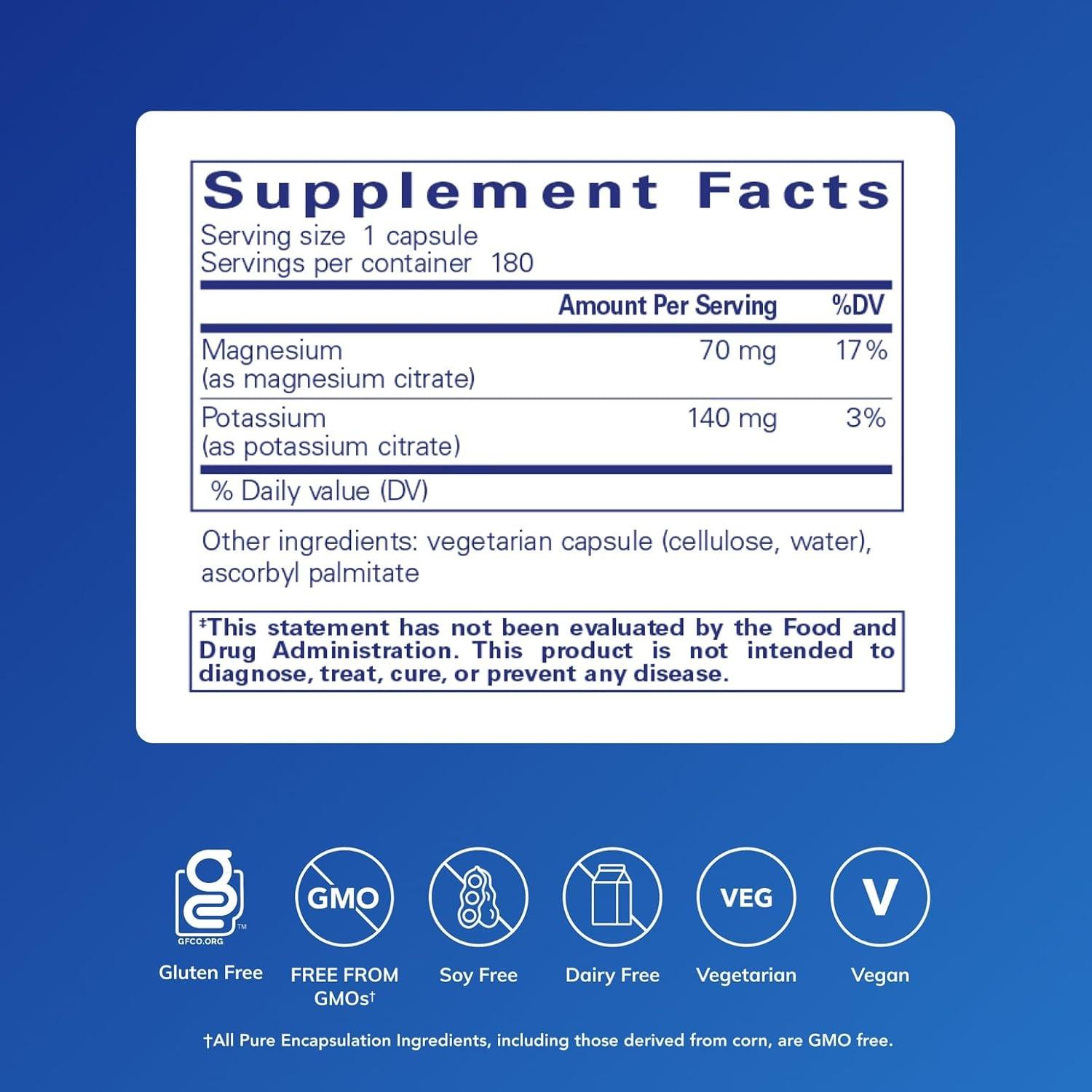 image:imagePure Encapsulations Potassium Magnesium Citrate for Heart Health amp Bone Mineralization Optimal Absorption Gluten Free amp NonGMO 180 Capsules