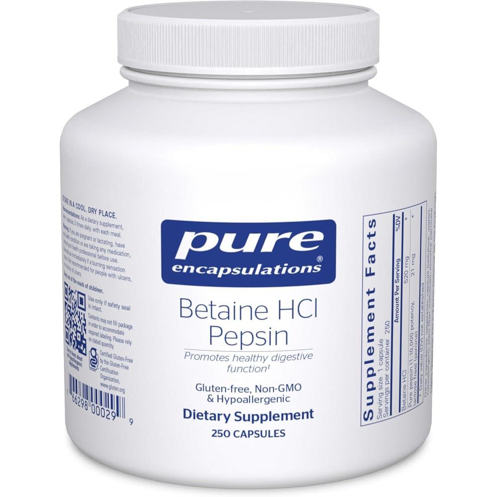 image:imagePure Encapsulations Betaine HCl Pepsin Digestive Enzymes Supplement for Digestion Aid amp Support Stomach Acid amp Nutrient Absorption with Betaine HCl Pepsin 250 Capsules250 Count Pack of 1