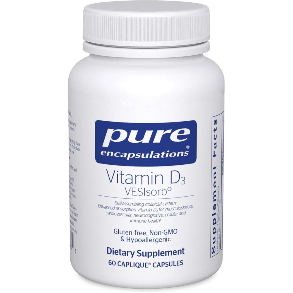 image:imagePure Encapsulations Vitamin D3 VESIsorb Supplement to Support Bones Heart Colon Breast Health and Enhanced Vitamin D Absorption 60 Caplique CapsulesStandard Packaging